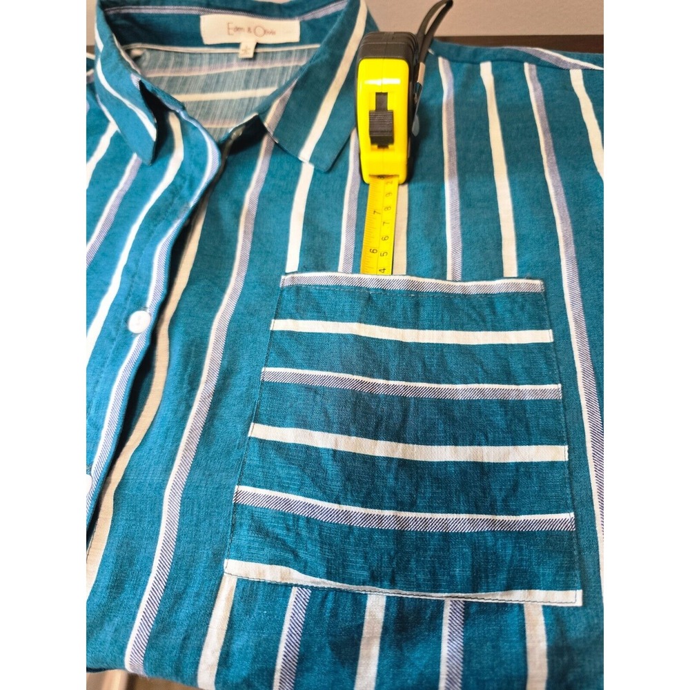 Eden‎ & Olivia Top Women's Turquoise White Stripped Button Down Roll Tab Sleeve - Picture 9 of 14